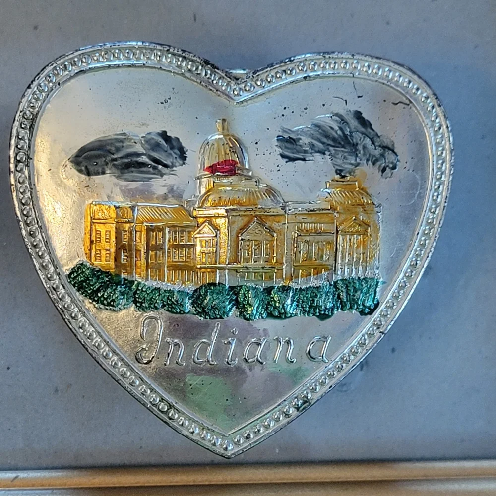 Vintage Indiana Heart Shaped Jewelry Box ~ Silvertone ~ 1960s ~
